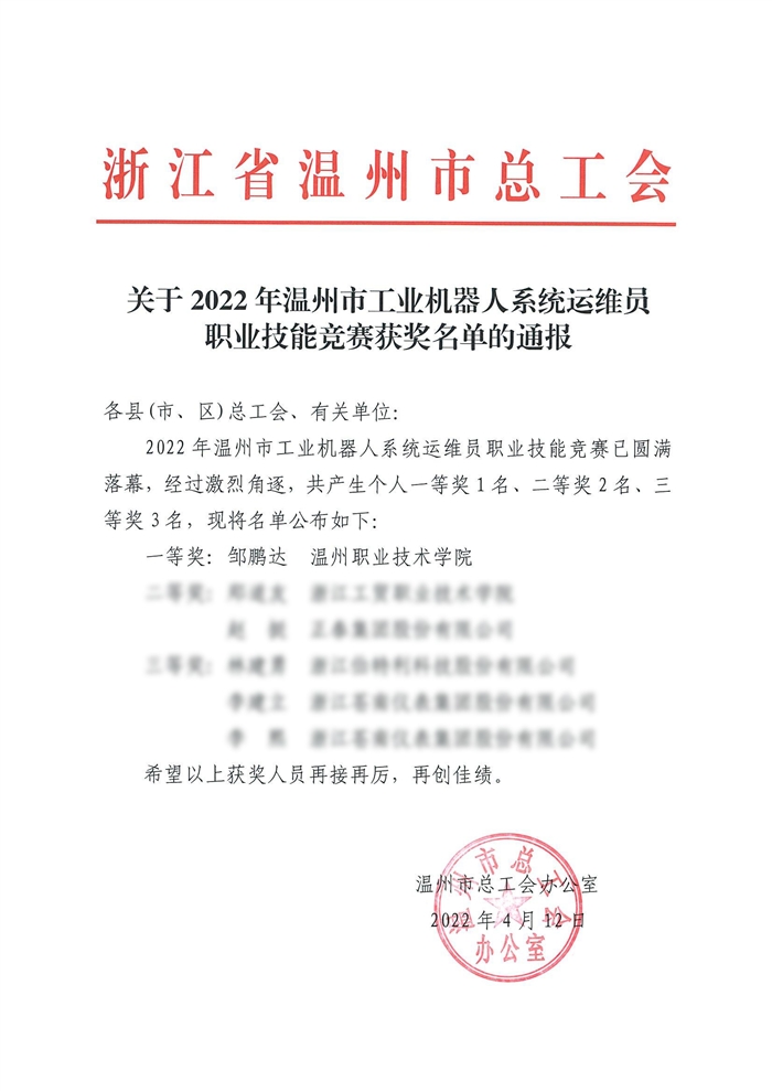 关于2022年温州职业技能大赛工业机器人系统运维员获奖名单的通报_00.jpg